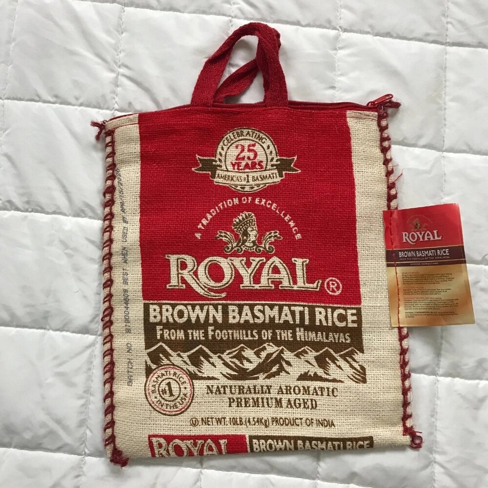 NWT! ROYAL BASMATI RICE BAG 25 Years EMPTY BURLAP SACK Totes Zipper Close